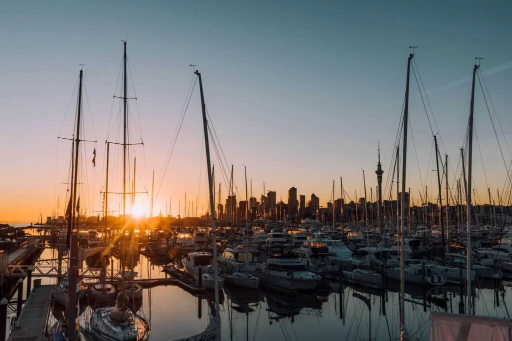 Sunset in Auckland with boats in foreground