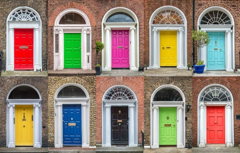 Rows of colourful doors in Dublin