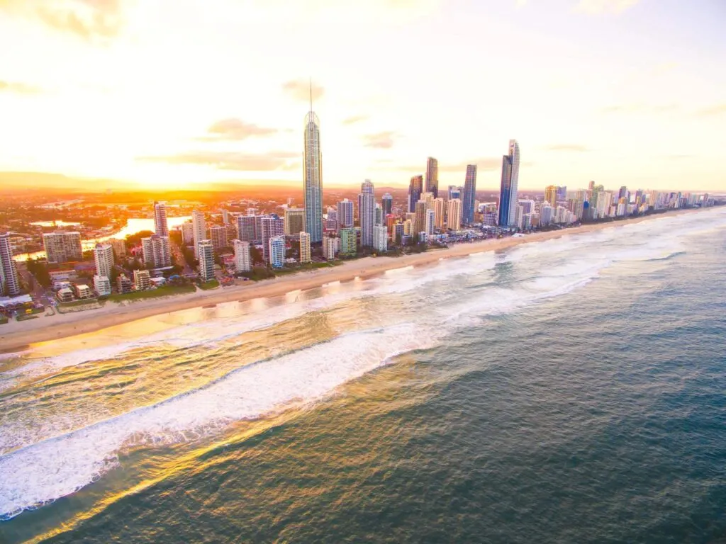 An aerial view at sunset of Surfers Paradise on Queensland's Gold Coast in Australia