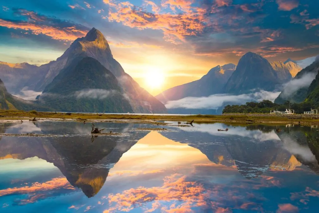 Famous Mitre Peak rising from the Milford Sound fiord. Fiordland national park, New Zealand