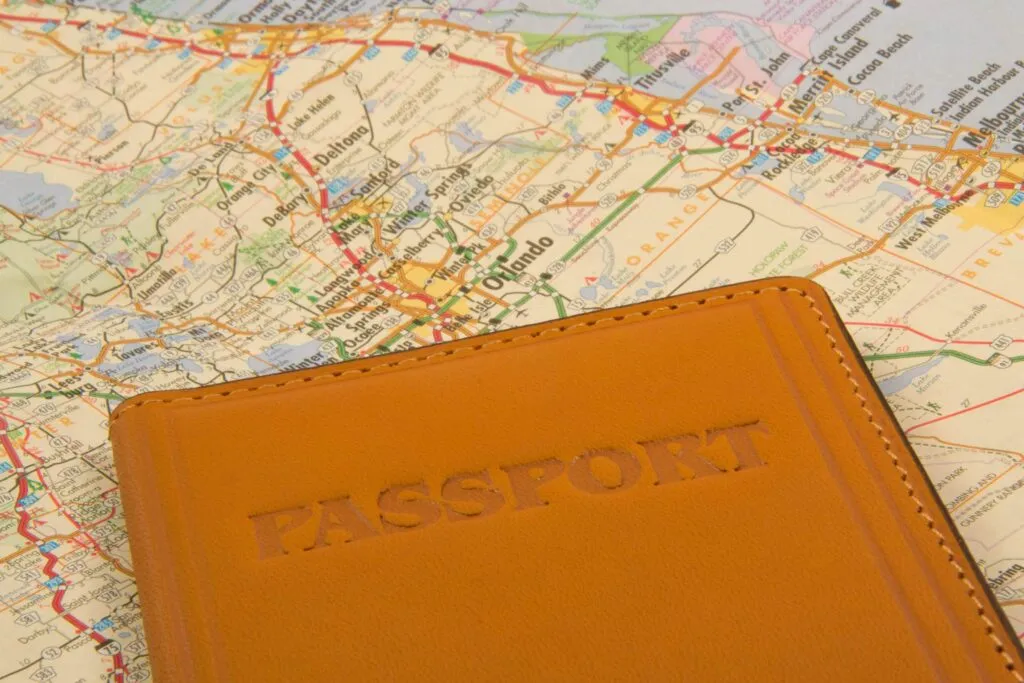 Closeup of a passport on a map of Florida