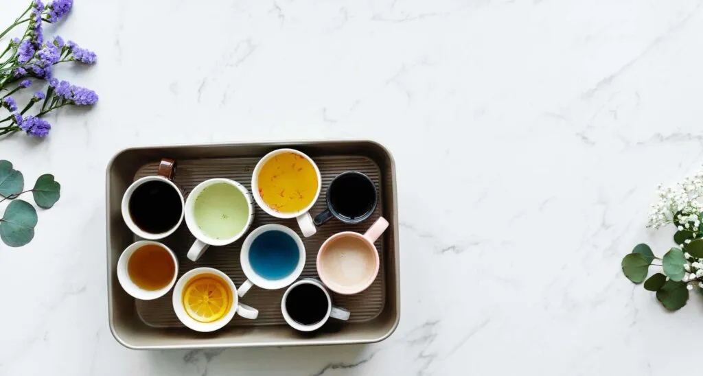 Cups of different coloured drinks