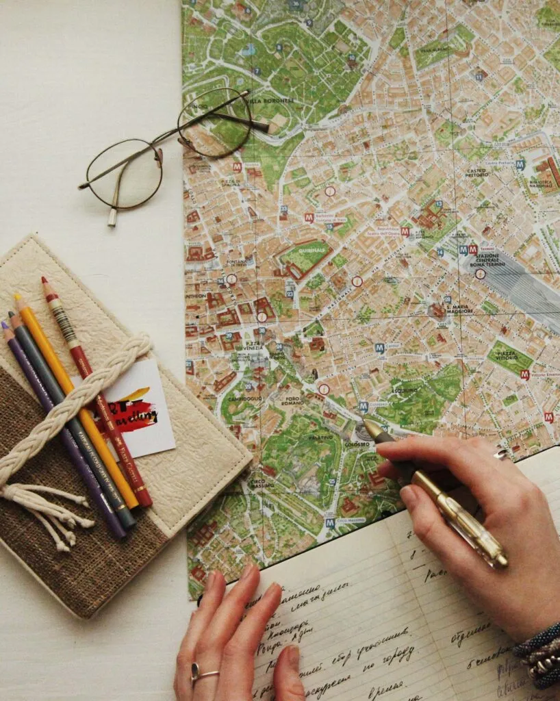 map, book and pens