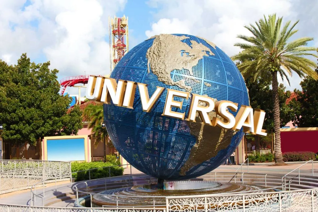 Orlando, Florida, United States. Universal Studios globe sign at entrance.